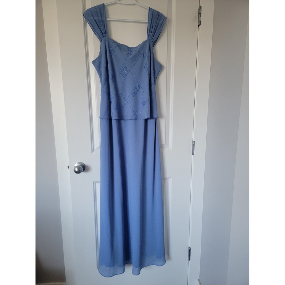 Linea Domani Vintage Elegant Dusty Blue Maxi Dress with Beaded Bodice